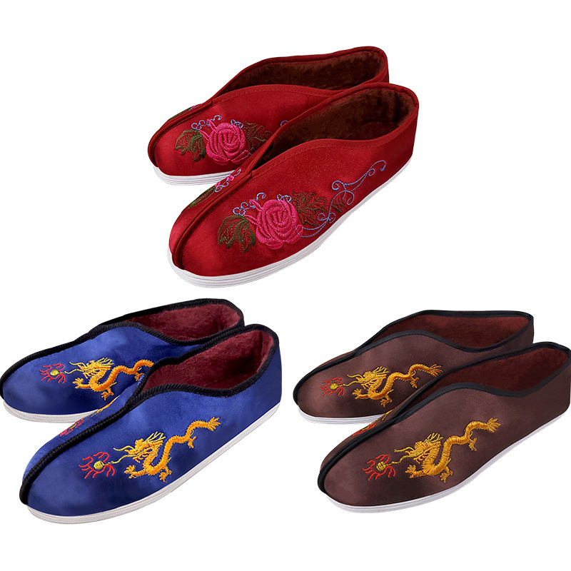 Shoe funeral supplies wholesale factory White matter embroidered dragon peony cotton shoes Lotus embroidered bottom men's and women's shroud accessories Shoe shoes