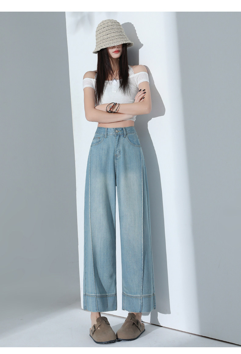 Quần jean ống rộng nữ cạp cao dáng suông vải Tencel xanh nhạt — Quần lửng màu xanh nhạt chi tiết 17