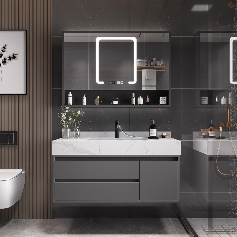 Rock slab high-end bathroom cabinet with integrated ceramic basin, bathroom vanity with integrated sink, minimalist bathroom cabinet, washstand