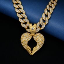 新品满钻合金翅膀吊坠亚马逊古巴链项链欧美玛瑙潮款心形坠子
