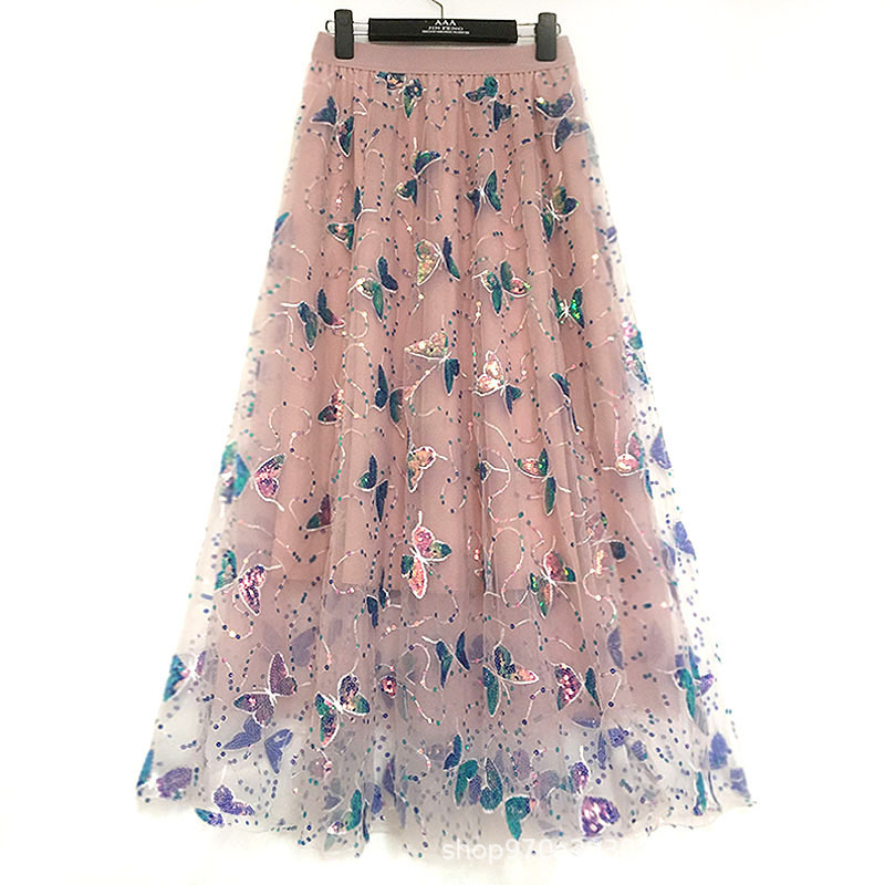 2025 Spring and Summer New Embroidered Bow Sequin Mesh Skirt Women's Long High Waist A-Line Fairy Skirt