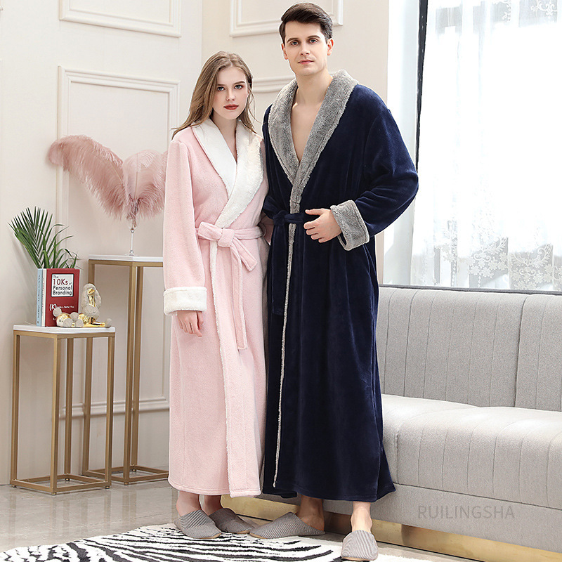 Couple Autumn and Winter Thickeneded and Long Warm Flannel Nightgown for Women and Men Large Size Coral Velvet Bathrobe Pajamas
