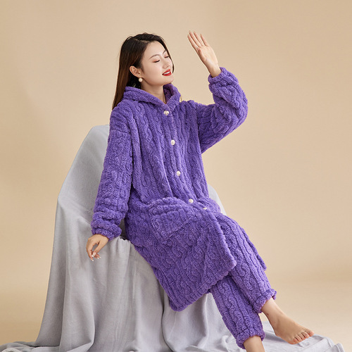 Women's Coral Fleece Pajama Set for Autumn/Winter - Embroidered Robe with Warm and Thick Design, Wearable at Home