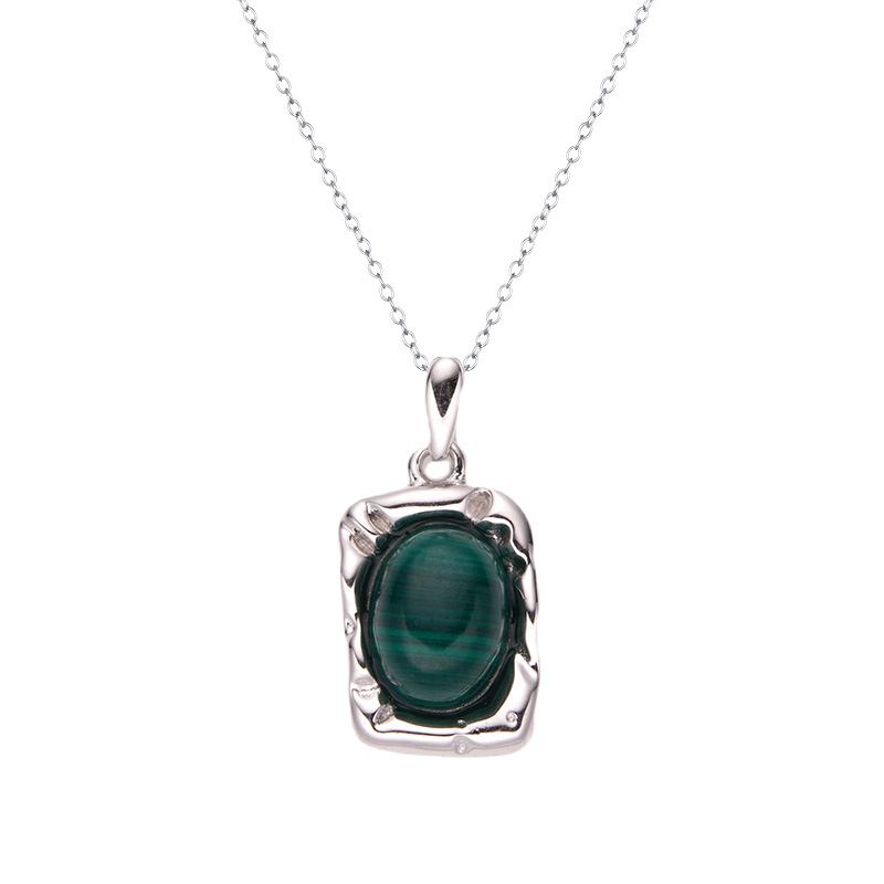 925 Sterling Silver Malachite Lapis Lazuli Geometric Pendant Necklace display picture 12