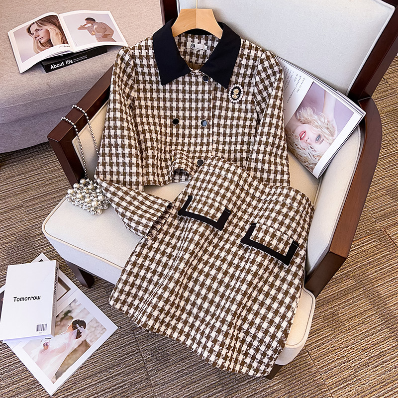 Moteriški drabužiai rudeniui, nauji dideli dydžiai, šiek tiek stori moteriški drabužiai, mažo stiliaus trumpas švarkas + sijonas, dviejų dalių kostiumas, storas mm kostiumas_voghion.com