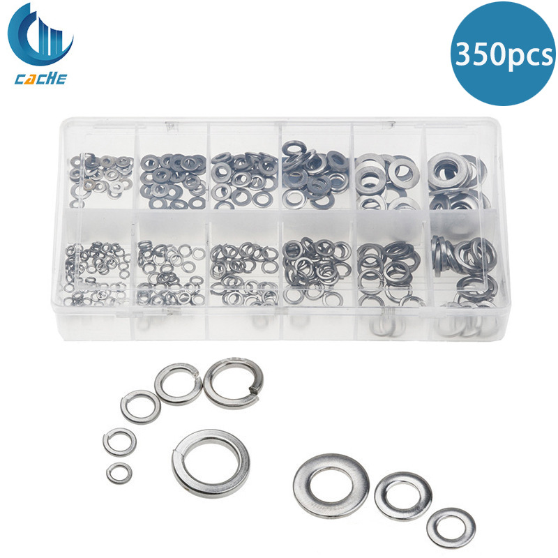 不锈钢垫圈350PCS 盒装不锈钢垫片垫圈+不锈钢弹簧垫M3-M10平垫圈