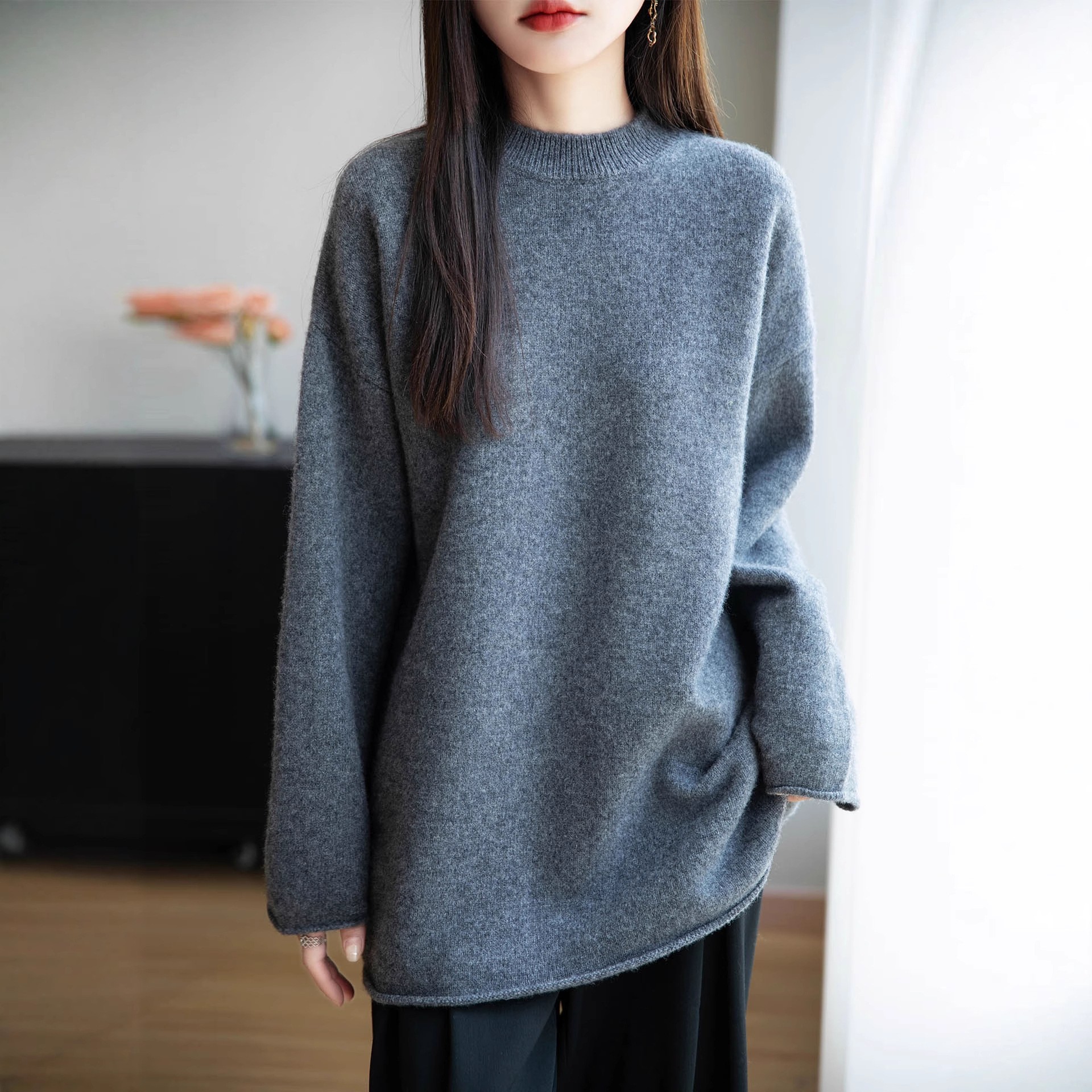 秋冬新款休闲纯色中长款圆领纯羊毛裙女式宽松慵懒针织时尚毛衣