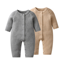 Ins Autumn/Winter Newborn Baby Bodysuit Core Spun Knit Crew Neck Striped Long Sleeve Zipper Sweater Crawling Suit