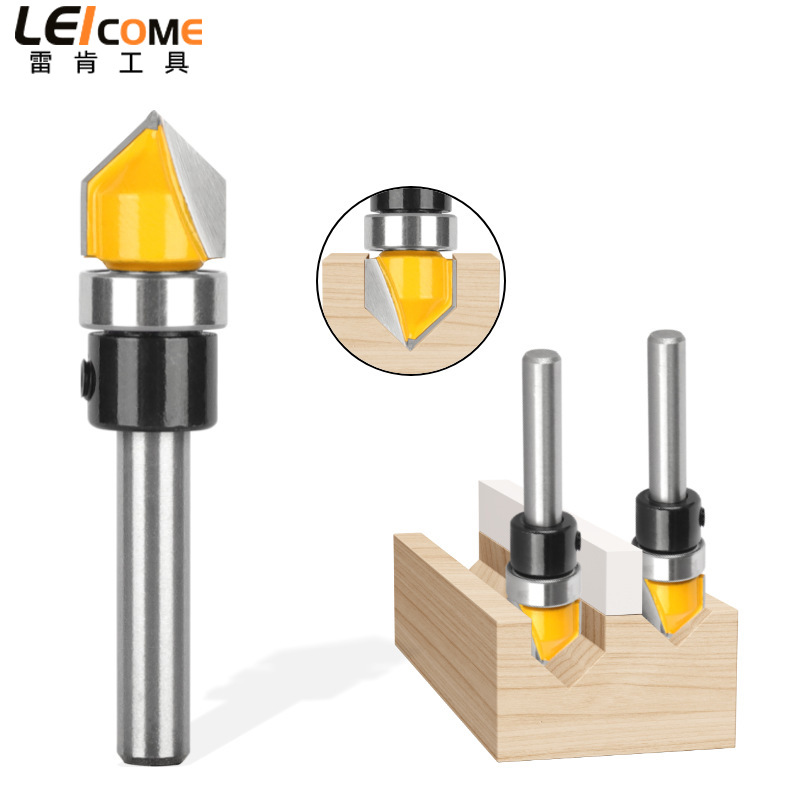 雷肯90°轴承V型刀1/4柄木工铣刀具铝塑板成型雕刻仿形修边机刀头