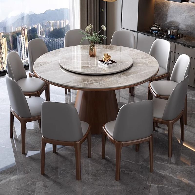 Mesa y silla de comedor de tabla de roca, mesa redonda combinada, mesa giratoria de lujo moderna y simple, mesa de comedor de horno electromagnético de madera maciza