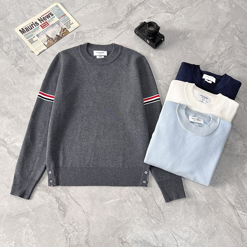 Tb Autumn and Winter New Style Double-Sleeved Red, White and Blue Striped Sleeves Round Neck Knitted Wool Casual Clothes Fashionable Preppy Style Knitwears