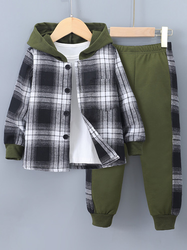 Cross-border Bestseller: Boys' Autumn/Winter New Long-Sleeved Plaid Color-Block Hooded Two-Piece Set (Top + Pants)