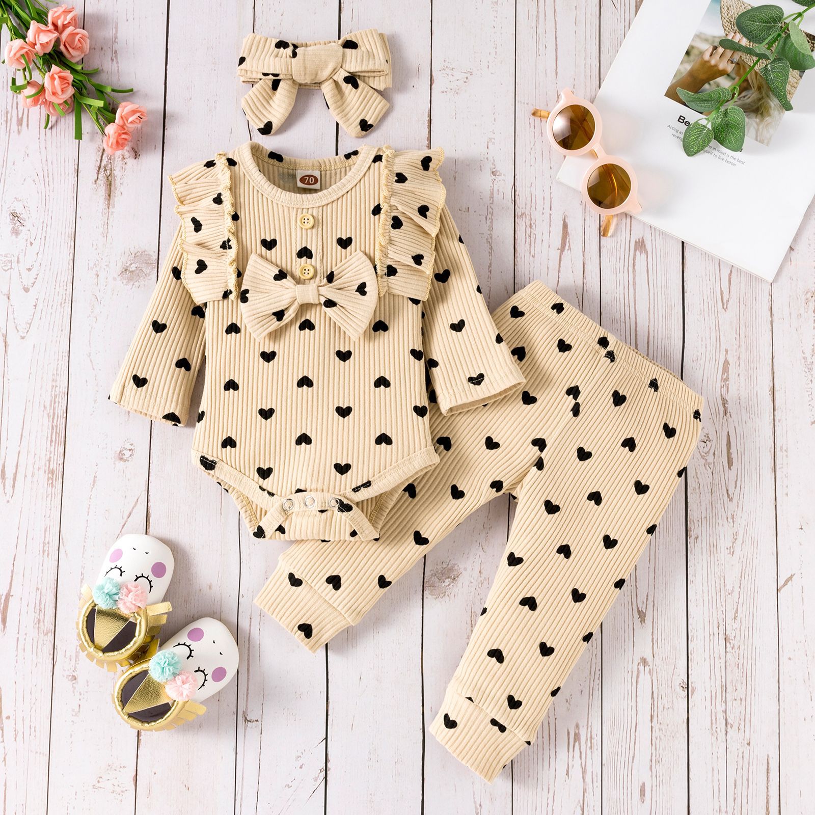 Fashion Solid Color Flower Button Baby Clothing Sets display picture 8