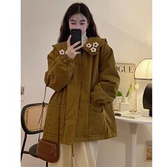 大码刺绣娃娃领棉服女秋冬胖mm2-300斤宽松减龄卡通棉衣外套ins潮