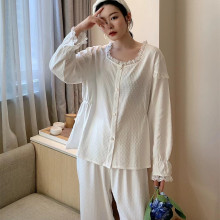 批发网红新款春季薄款贡缎棉慵懒荷叶边V领开衫长袖 女睡衣两件套