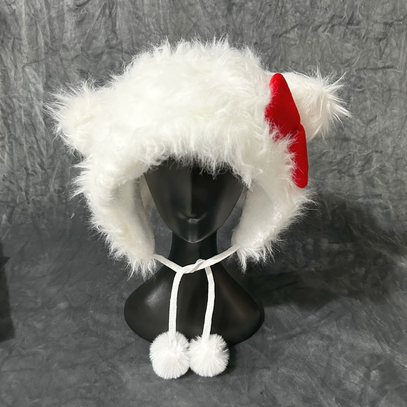 Cute Cartoon Bow Trapper Hat, White, Velvet Earflaps, Thick Plush Lining