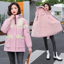 拼色派克服2022新款女冬韩版宽松短款小个子加绒加厚外套工装棉服