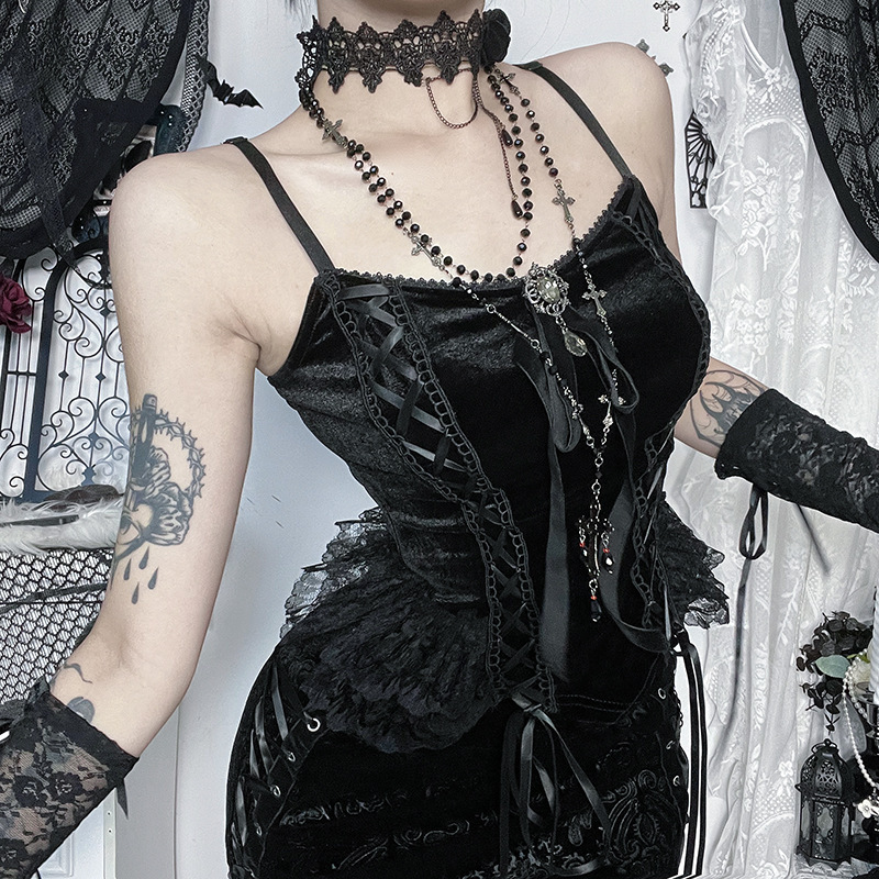 Cf25181 Dark Subculture Velvet Lace Patchwork Tie-Up Ruffled Waist-Cinching Slim-Fit Spicy Girl Camisole Top