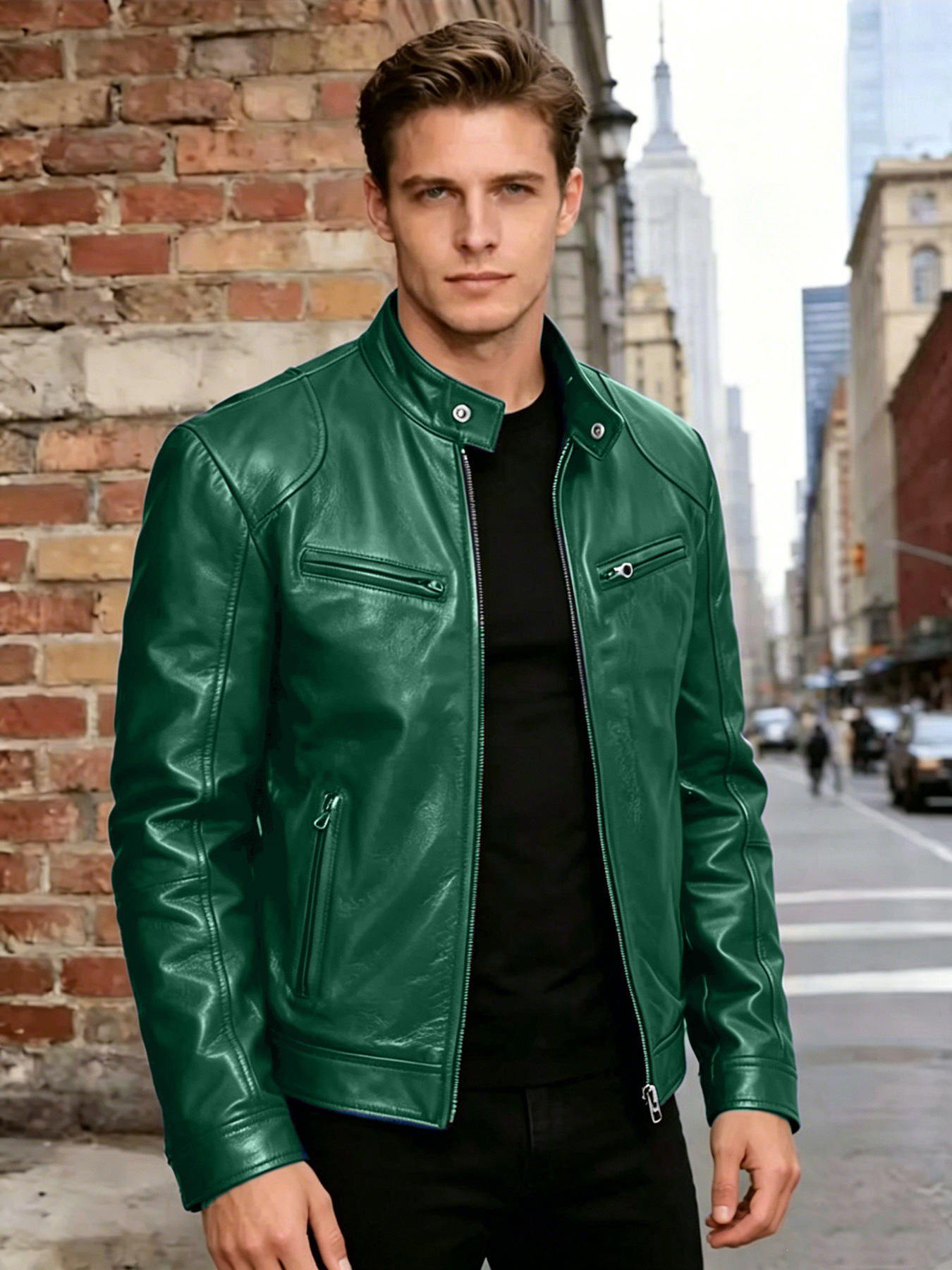 Men's Slim Fit Stand Collar PU Leather Motorcycle Jacket Trendy Short Outerwear Casual Fashion For Autumn Winter_viptrois.com