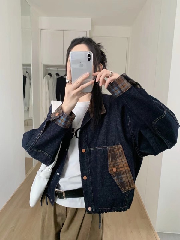 撞色格子牛仔外套女春秋新款小个子休闲宽松显瘦百搭短款夹克上衣|undefined
