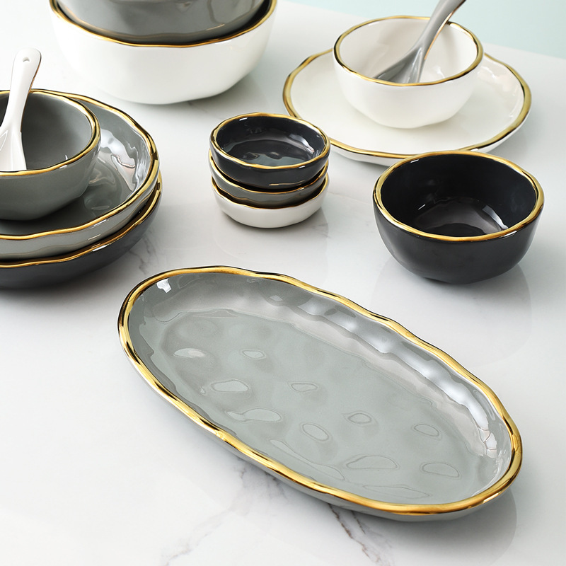 Gray White golden edge light luxury tableware Bowl plate suit Nordic style household creative ceramic soup bowl rice bowl dish combination Gray White golden edge light luxury tableware Bowl plate suit Nordic style household creative ceramic soup bowl rice bowl dish combination