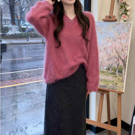 奶fufu玫红色v领马海毛套头毛衣女秋冬慵懒高级感仿水貂毛针织衫