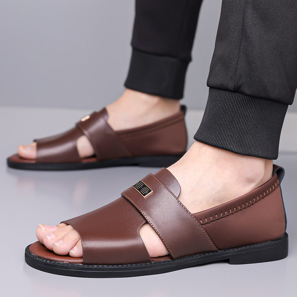 Dép sandal nam quai ngang kiểu La Mã da mềm chống trượt, hở ngón đi biển — Màu nâu , Đen