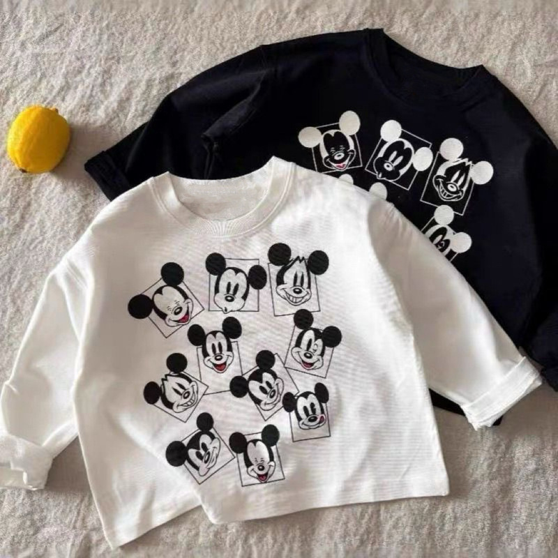 Spring and Autum Medium and Large Kidsren's Pure Cotton Long-Sleeved Shirts, Overseas Popular Bottoming Shirts, Men's and Women's Cartoon Mickey Mouse T-Shirts