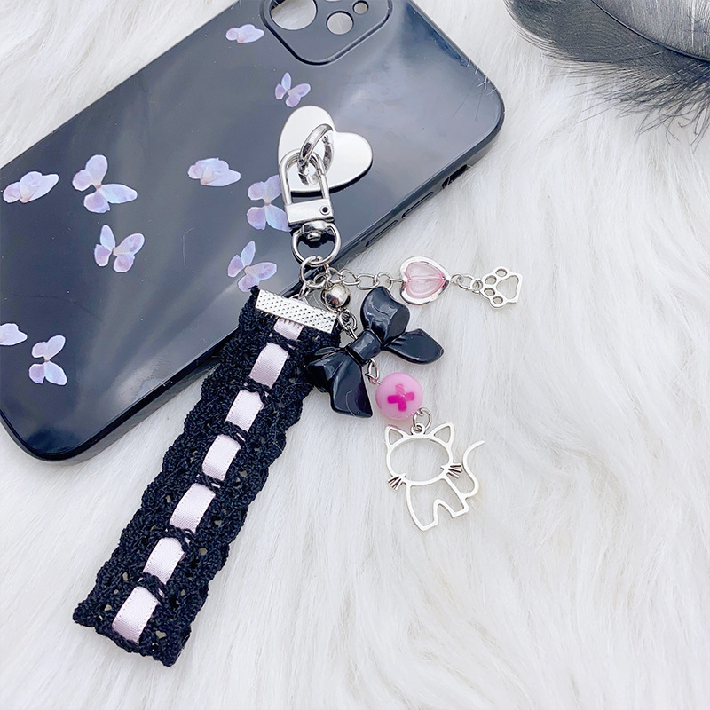 Harajuku Style Japanese Style Sweet and Cool Sexy Black Lace Ribbon Bow Cat Beaded Hanging Chain Mobile Phone Chain Pendant