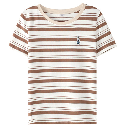 399 K-Pop Striped Cotton Short-Sleeve T-Shirt for Women - Summer Casual Fashion, Unique Design with Embroidered Bear, Loose-Fitting Top