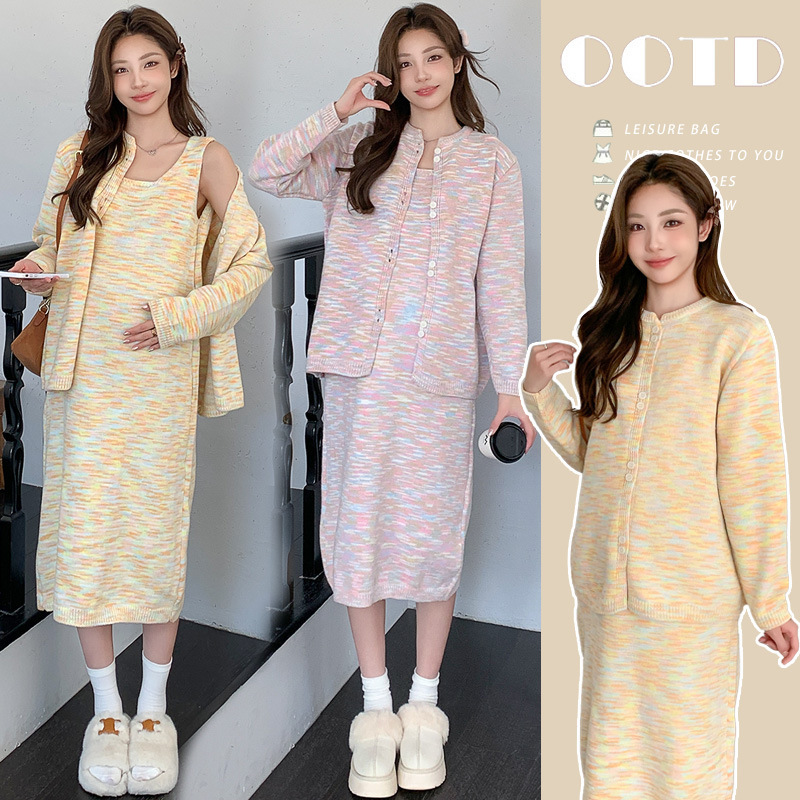 New style maternity sweater dress, knitted outerwear cardigan, suspender skirt, fashionable loose two-piece set New style maternity sweater dress, knitted outerwear cardigan, suspender skirt, fashionable loose two-piece set