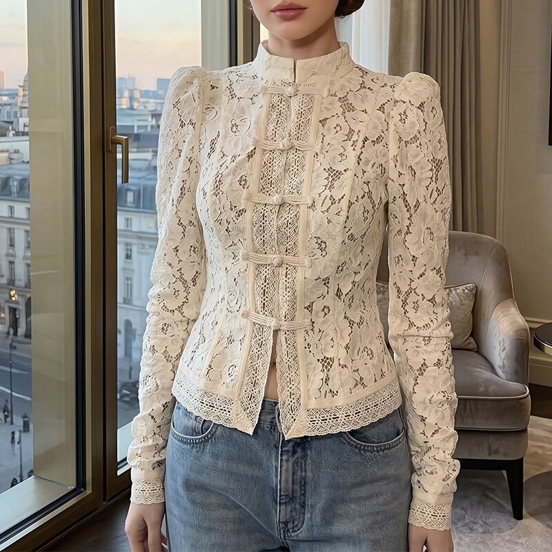 2026 Spring/Summer New European and American Fashionable Elegant Commuter Lace Crochet Stand Collar Slim Fit Design Shirt 2026 Spring/Summer New European and American Fashionable Elegant Commuter Lace Crochet Stand Collar Slim Fit Design Shirt