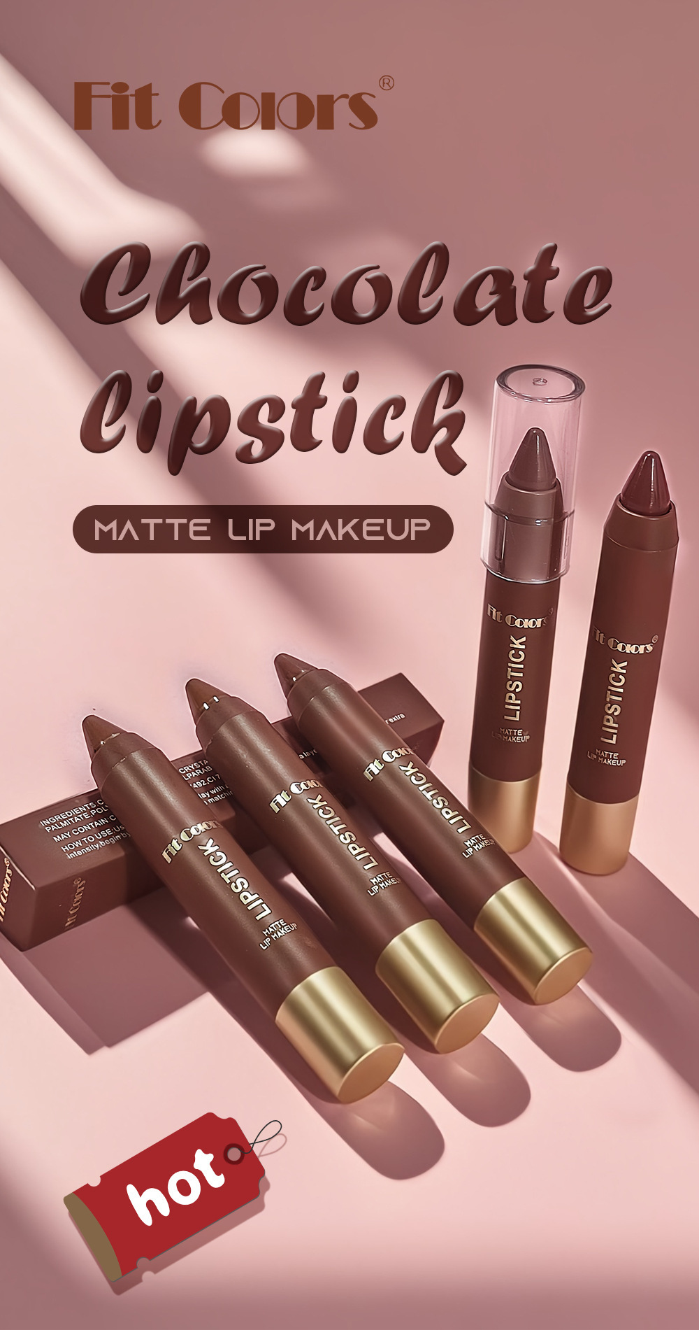Sett med 6 matte sjokolade-leppestifter med lipliner_voghion.com