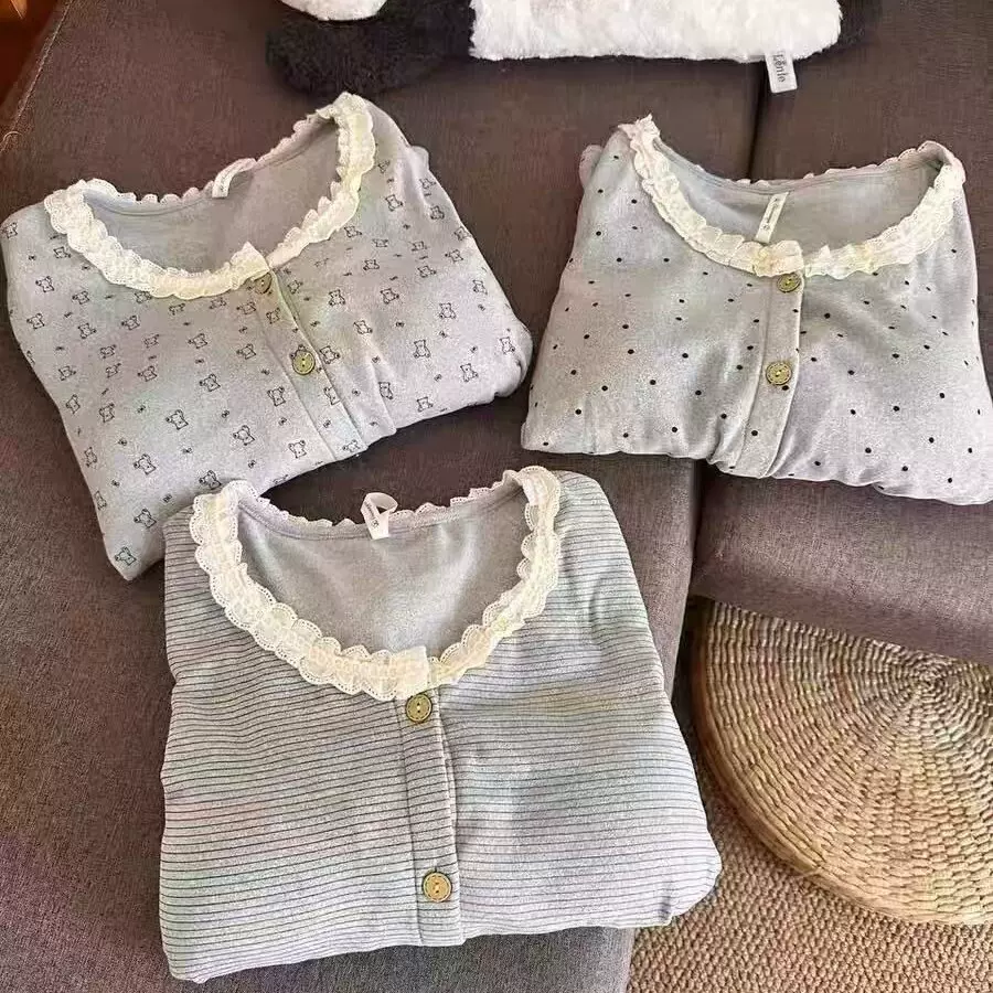 直播爆款秋冬睡衣女德绒开衫花边长袖长裤韩版家居服女套装