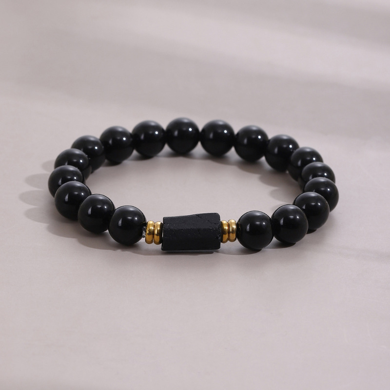 Cross-Border Amazon 6/8/10mm Tourmaline Natural Obsidian Beaded Bracelet Men's and Women's Jewelry Wholesale Handmade