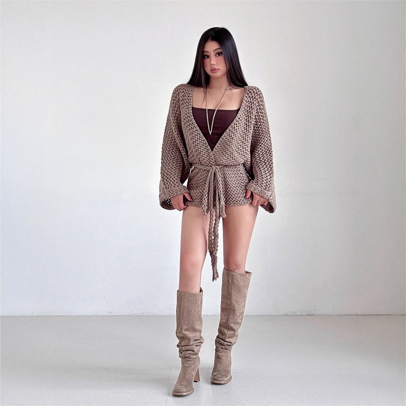 Autumn 2025 New Elegant and Comfortable Pure Color Buttonless Lace-Up Waist Cut Out Breathable Knitted Cardigan Top Autumn 2025 New Elegant and Comfortable Pure Color Buttonless Lace-Up Waist Cut Out Breathable Knitted Cardigan Top