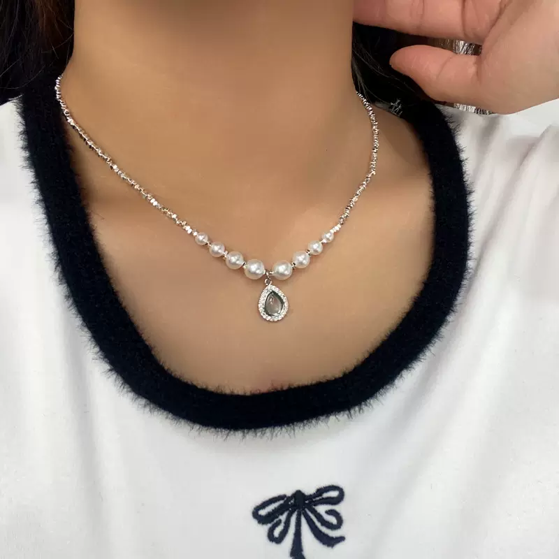 精致冷淡蓝色水滴吊坠珍珠项链女轻奢小众设计高级感简约轻奢配饰