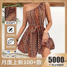 跨境女装沙滩度假风连衣裤时尚气质民族风斜肩领无袖露肩收腰连衣