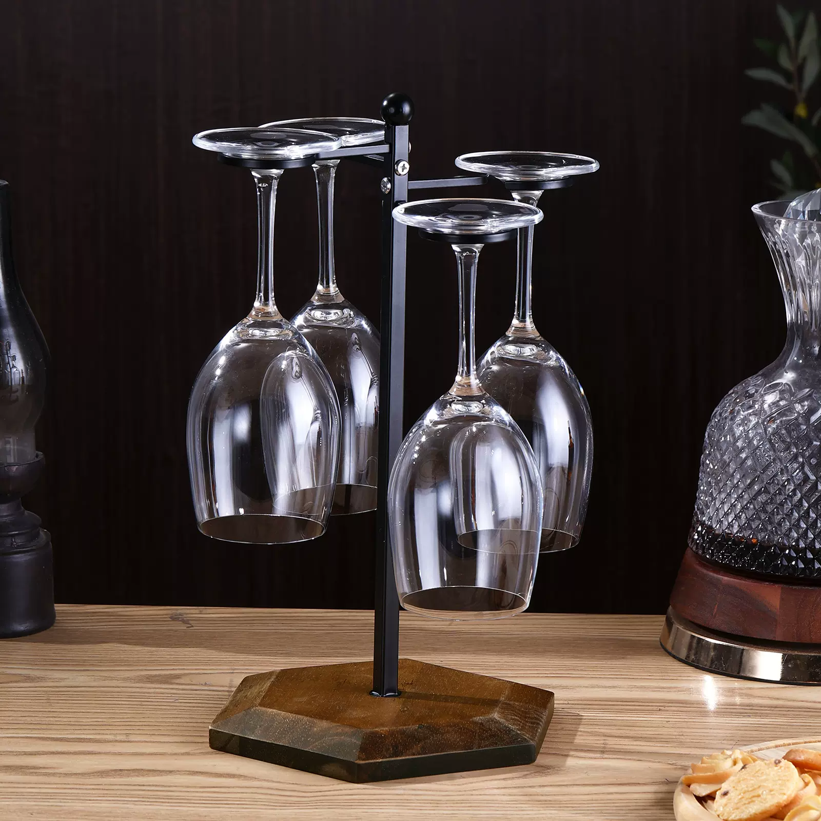 跨境葡萄酒高脚杯架酒柜摆件欧式吊挂杯架子木底倒挂香槟红酒杯架