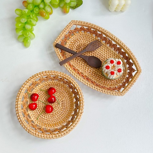 Vietnamese-inspired small snack basket, rattan woven fruit bowl, European-style box, minimalist basket, woven basket tray, bread storage basket