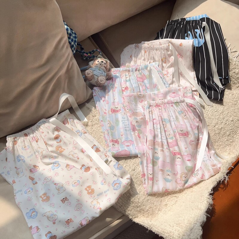 Lyocell Cotton Home Pants Women's Outwear Thin Cartoon Breathable Straight Walking Pants Loose Comfortable Pajama Pants