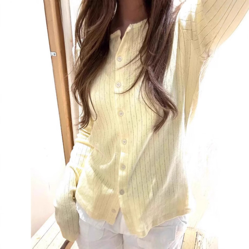 BM Style New Arrival light yellow Cardigan Long-Sleeved T-Shirt Women's Bm White Sweater Base Shirt Top Spring and Summer BM Style New Arrival light yellow Cardigan Long-Sleeved T-Shirt Women's Bm White Sweater Base Shirt Top Spring and Summer