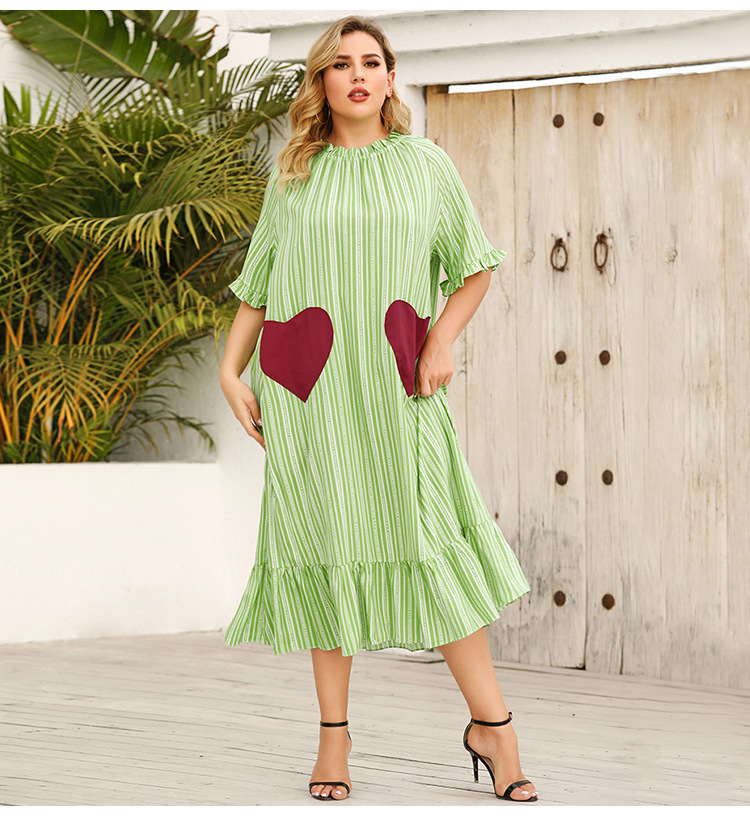 plus size summer leaf side short-sleeved loose casual sweet striped printed dress NSJR59647