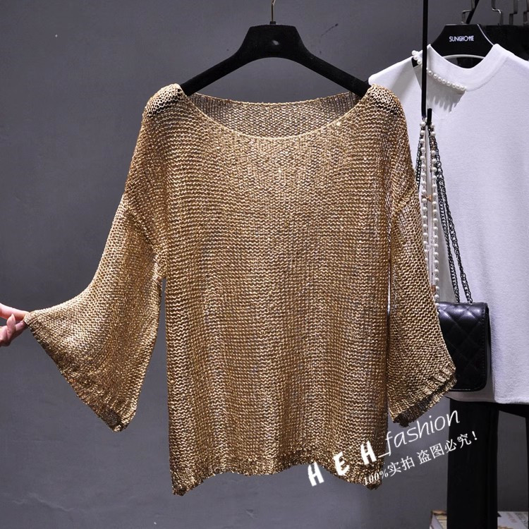 2023 Autumn New loose off-neck sequined thin sweater bell sleeve plus size hollow sun protection blouse 2023 Autumn New loose off-neck sequined thin sweater bell sleeve plus size hollow sun protection blouse