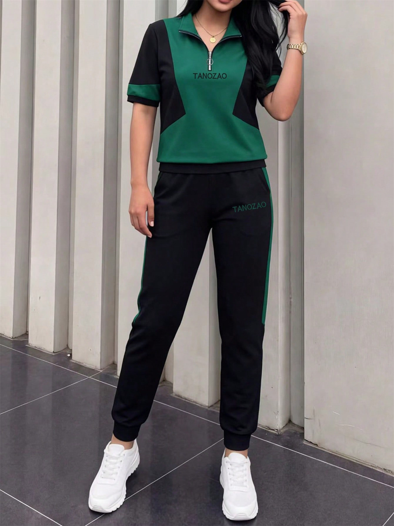 Women's Casual Sportswear Set Spring/Summer Color Blocked Polo Shirt & High Waisted Striped Pants Regular Fit_ecoleips.com
