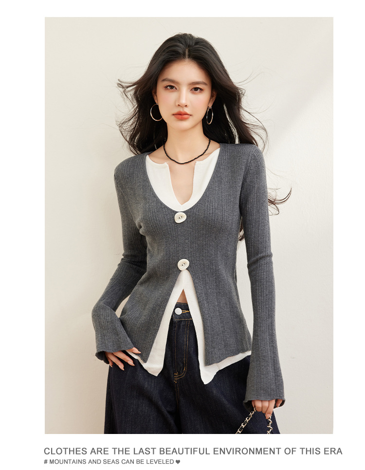Early Spring New Fake Two Pieces Contrasting Color Design V-Neck Irregular Waist Thin Knitted Top Women 19 O1Cn01Pknmgw1M2G0Gjh4Vi !!3434201376 0 Cib