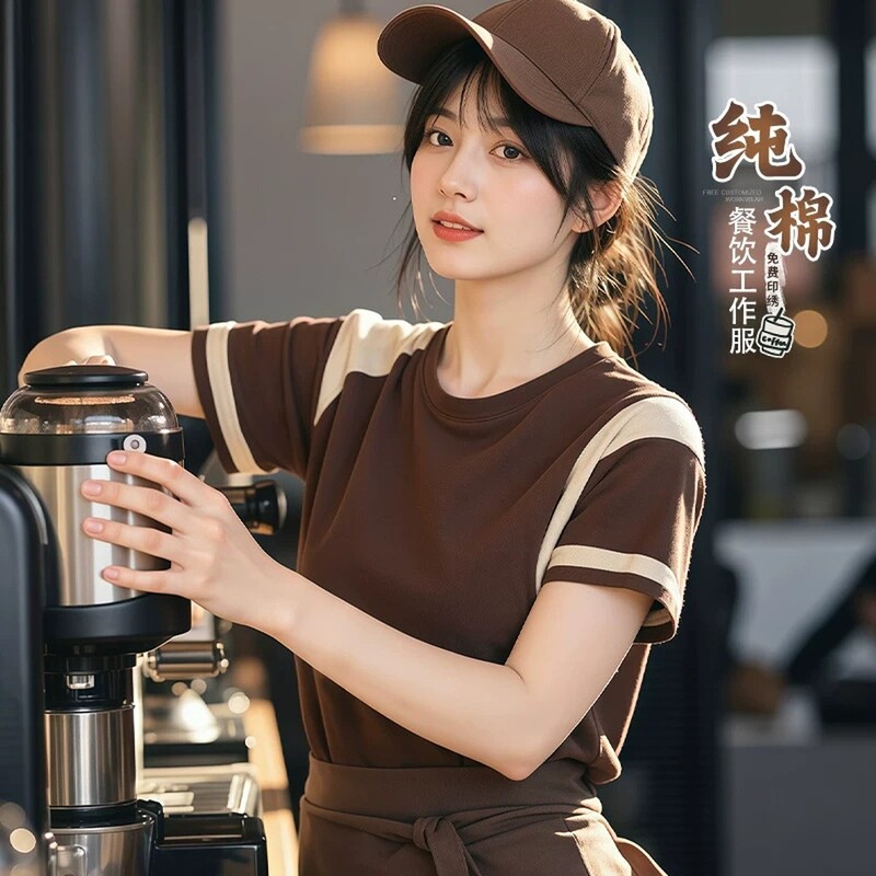 Trendy Restaurant Workwear T-Shirt Custom-Made for Summer Coffee Shop and Barbecue Restaurant Waitstaff, Pure Cotton Round-Neck Short-Sleeve Uniform Trendy Restaurant Workwear T-Shirt Custom-Made for Summer Coffee Shop and Barbecue Restaurant Waitstaff, Pure Cotton Round-Neck Short-Sleeve Uniform