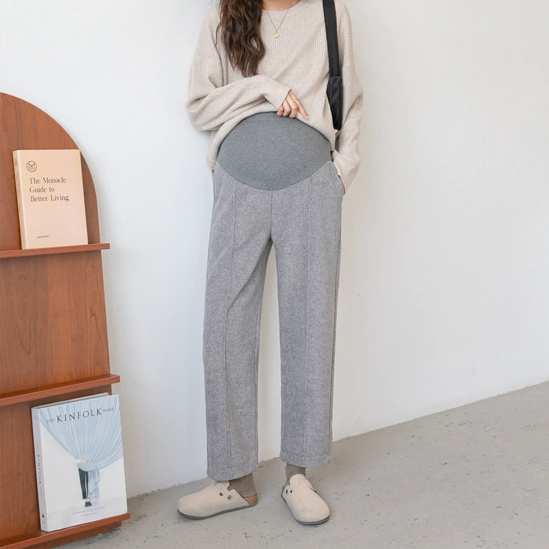 Осенне-зимняя мода для беременных Штаны для беременных средней линии Брюки для живота Свободные маленькие прямые приталенные зимние штаны для беременных на флисовой подкладке