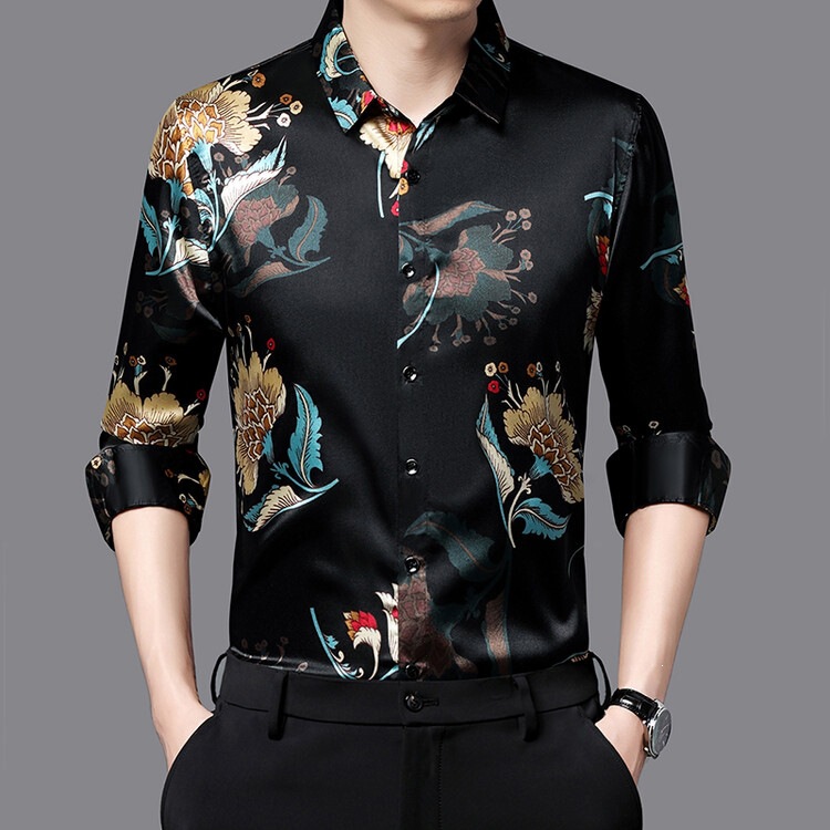 Men's shirt for spring and autumn, long-sleeved satin top, casual dad-style, trendy and unique printed shirt, thin and loose fit Men's shirt for spring and autumn, long-sleeved satin top, casual dad-style, trendy and unique printed shirt, thin and loose fit