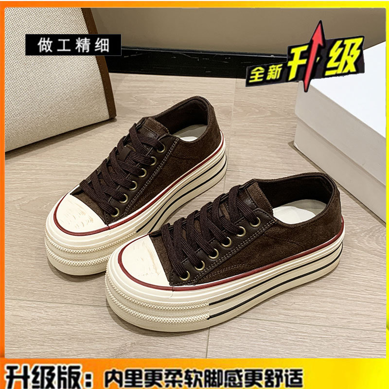 牛皮版~真皮厚底增高帆布鞋女款2025秋季新款百搭学院风休闲板鞋|undefined